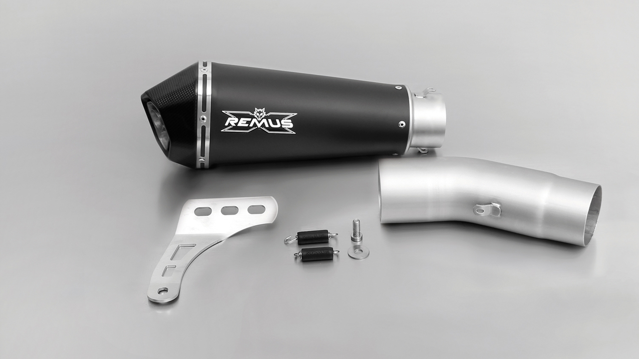 REMUS HYPERCONE, slip on, muffler with connecting tube no cat for DUCATI Monster 1200 R and Monster 1200 / 1200 S, stainless steel black, 65 mm, without EC homologation